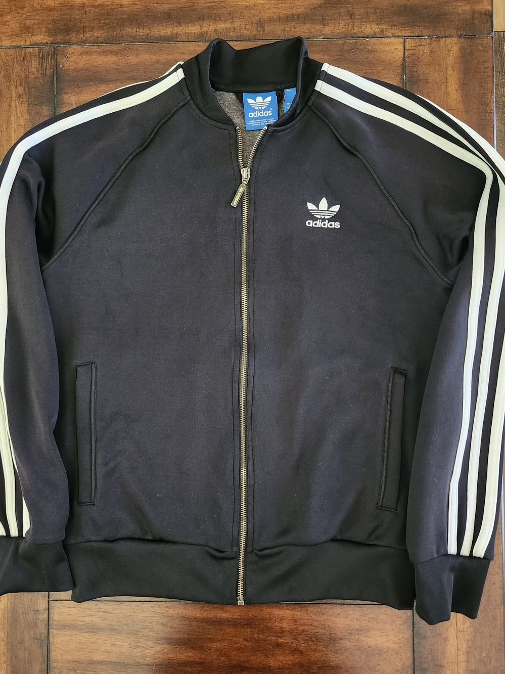 adidas Black Track Jacket with White Stripes and Trefoil Logo Medium